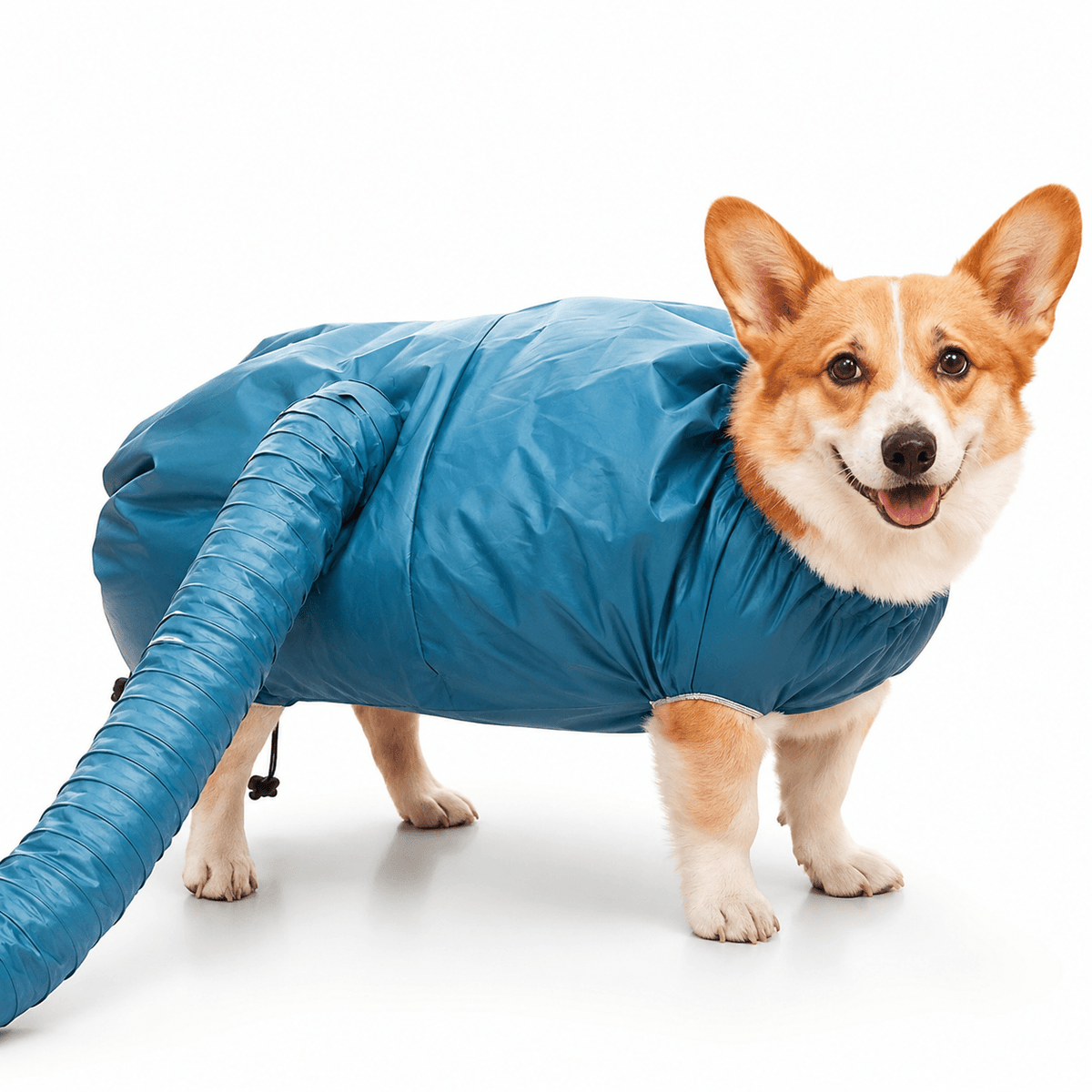 Corgi wearing the blue pet drying bag