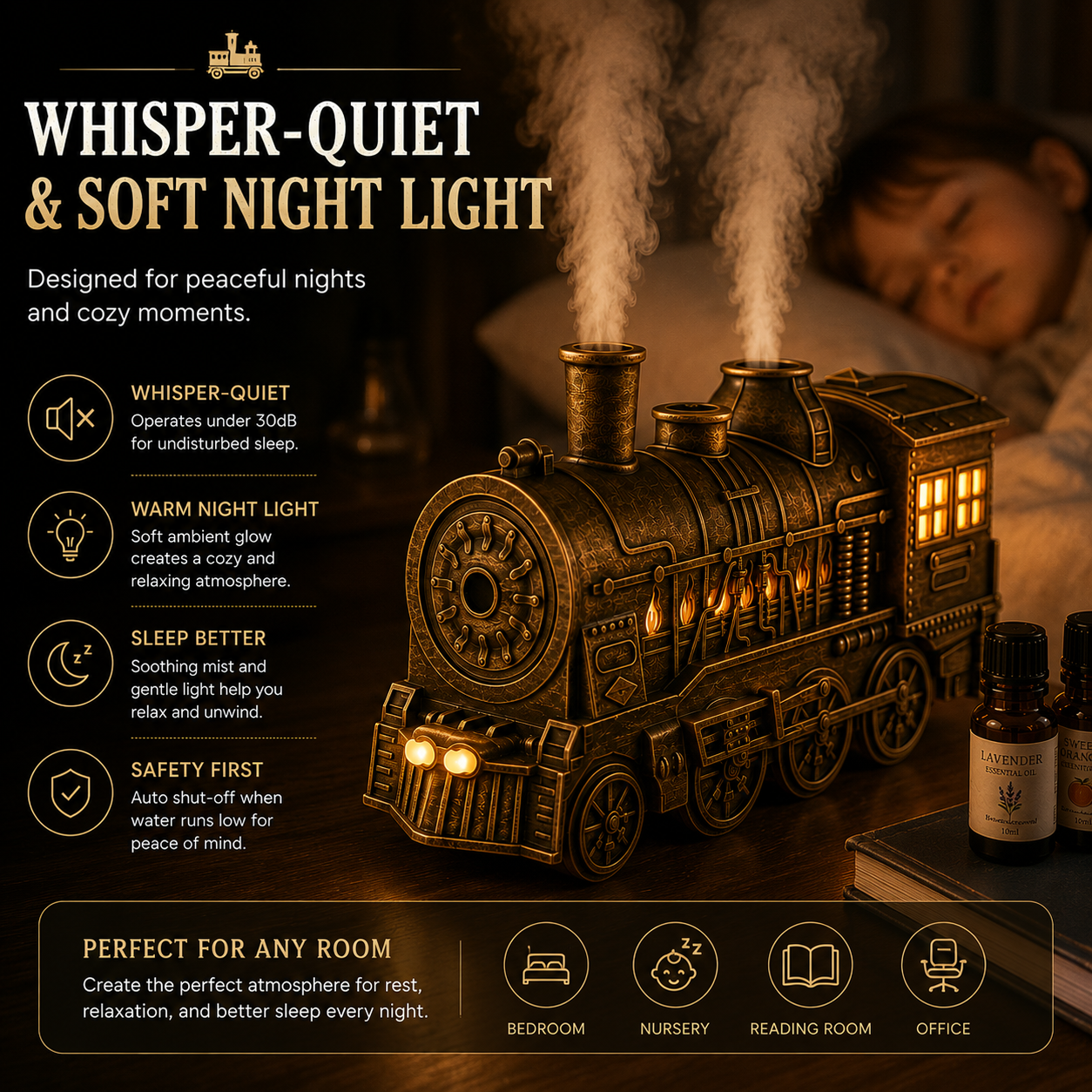 Vintage Steam Train Essential Oil Diffuser With Night Light