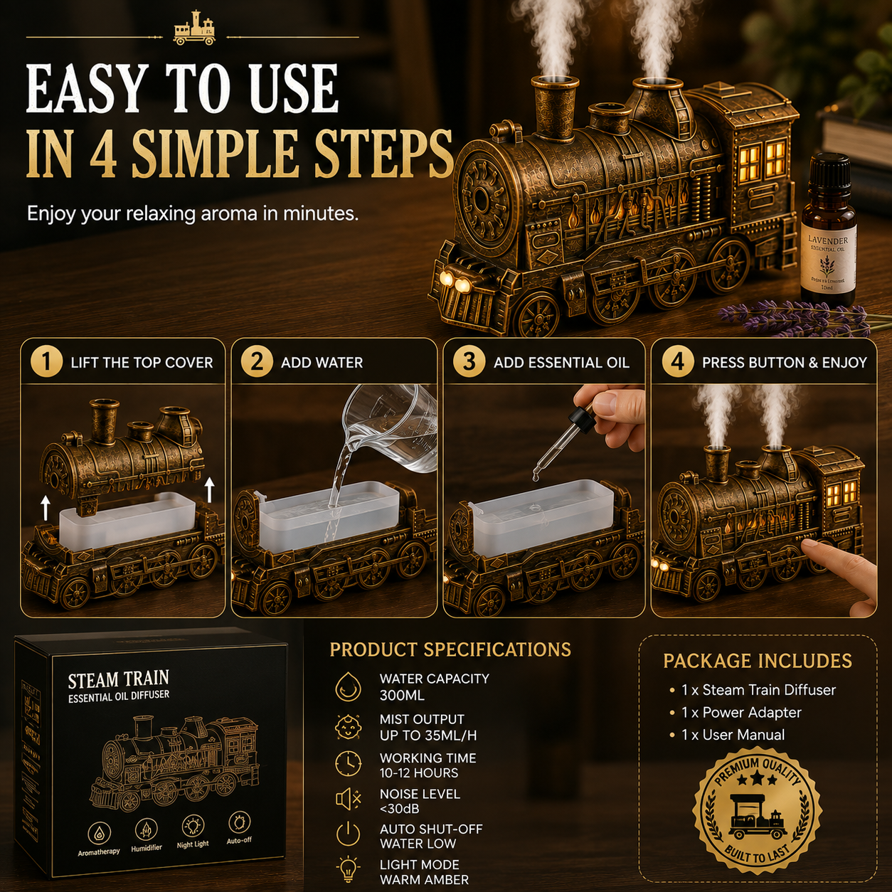 Vintage Steam Train Essential Oil Diffuser With Night Light
