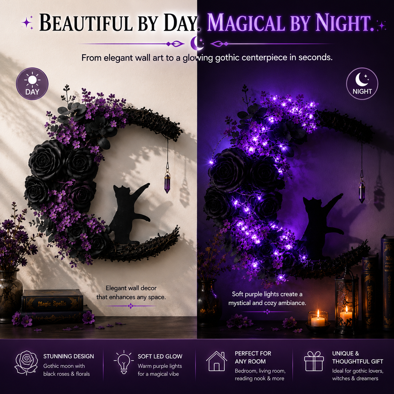 Gothic Moon Floral Wall Decor with LED Fairy Lights