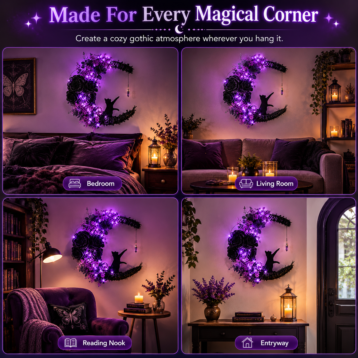 Gothic Moon Floral Wall Decor with LED Fairy Lights