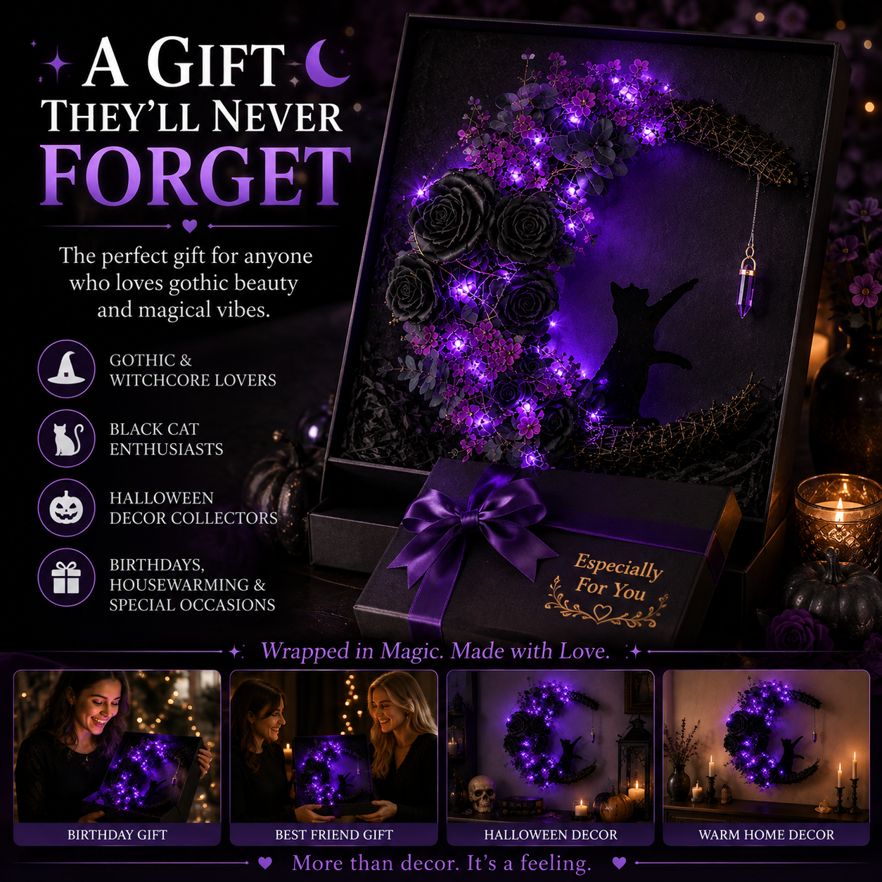 Gothic Moon Floral Wall Decor with LED Fairy Lights