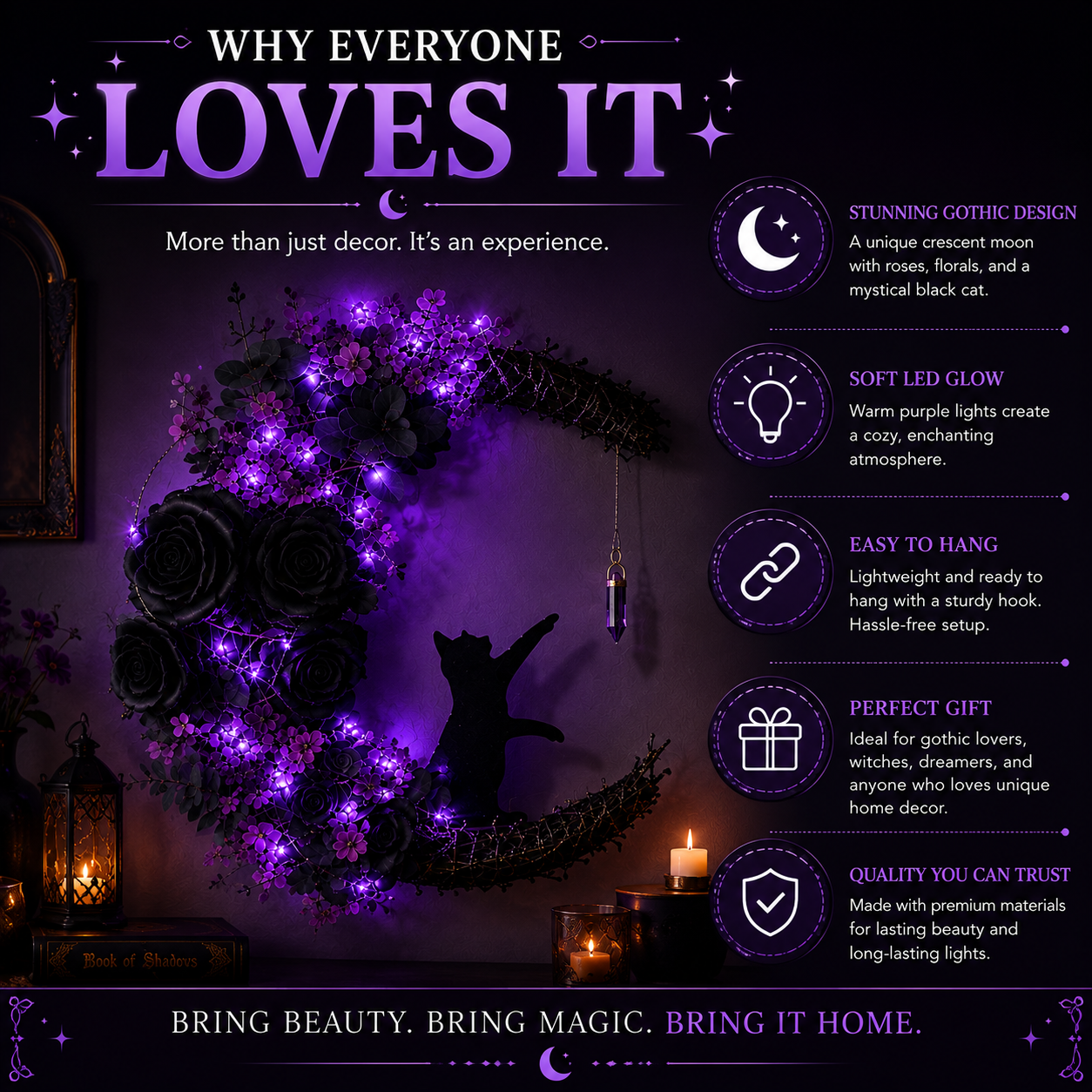 Gothic Moon Floral Wall Decor with LED Fairy Lights