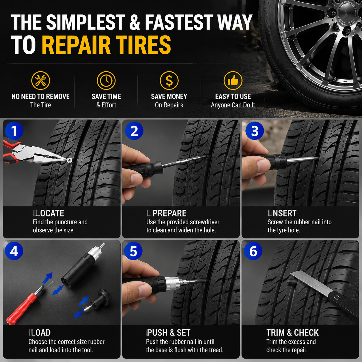 🚗 Mushroom Tire Repair Kit – Compact Roadside Puncture Tool Set