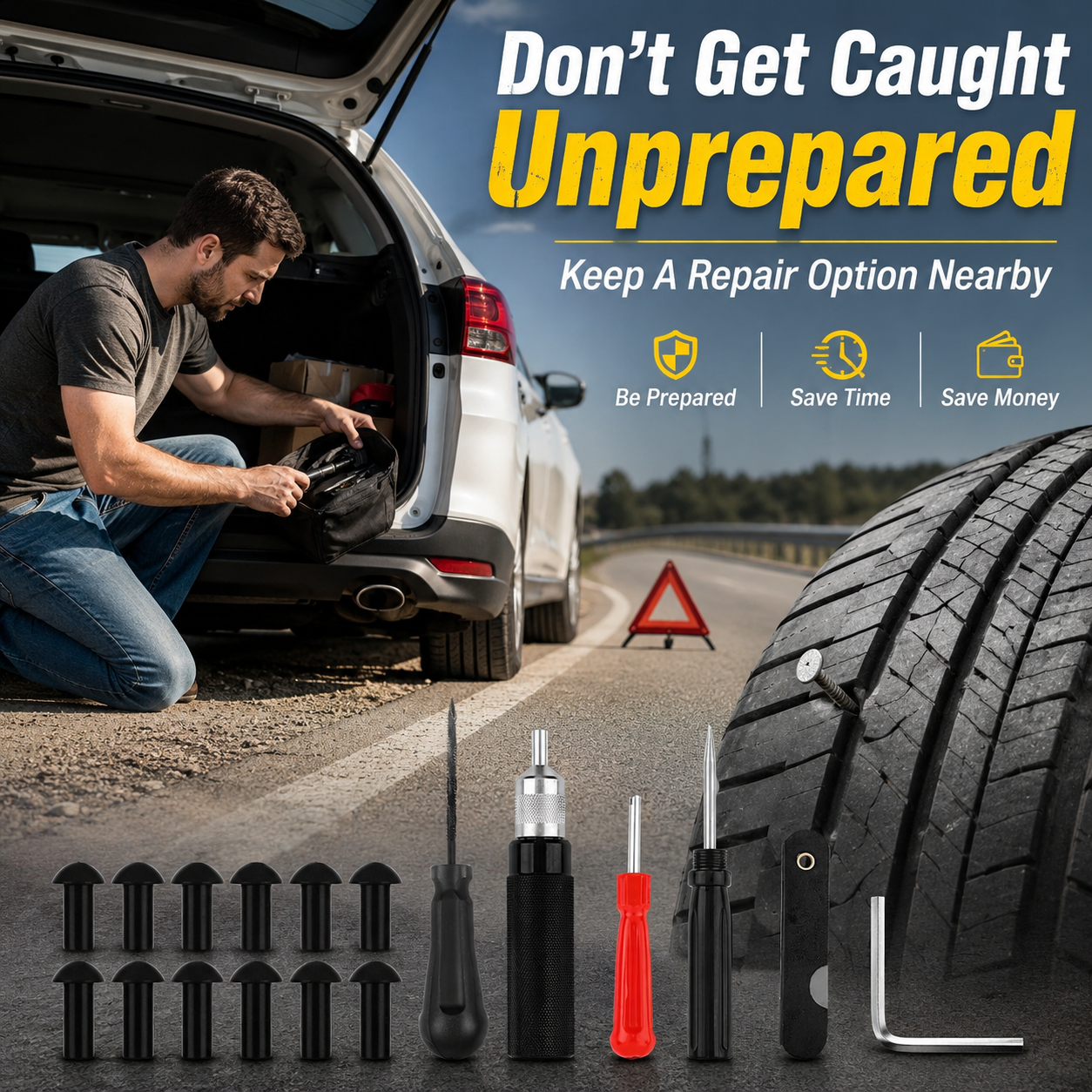 🚗 Mushroom Tire Repair Kit – Compact Roadside Puncture Tool Set