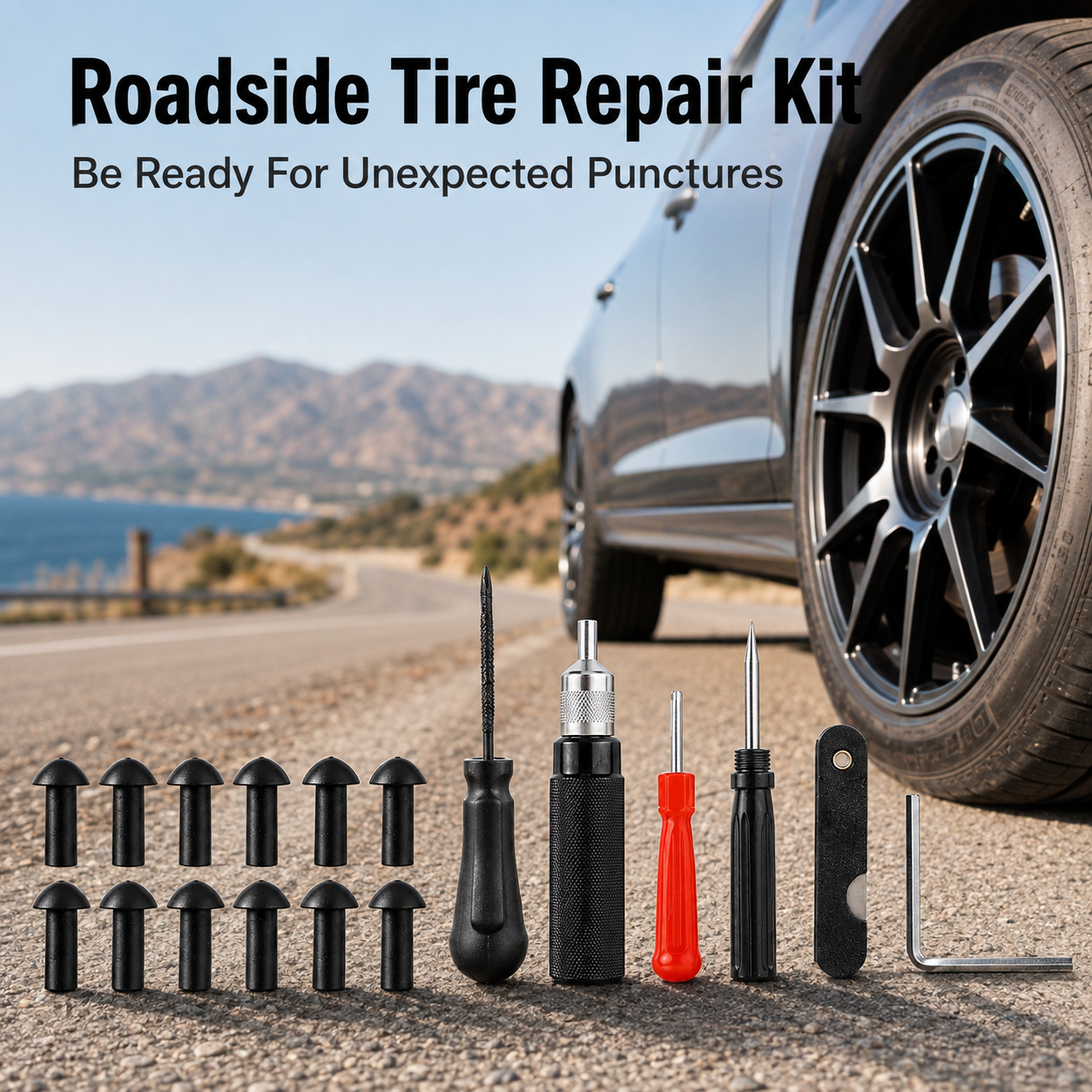 🚗 Mushroom Tire Repair Kit – Compact Roadside Puncture Tool Set