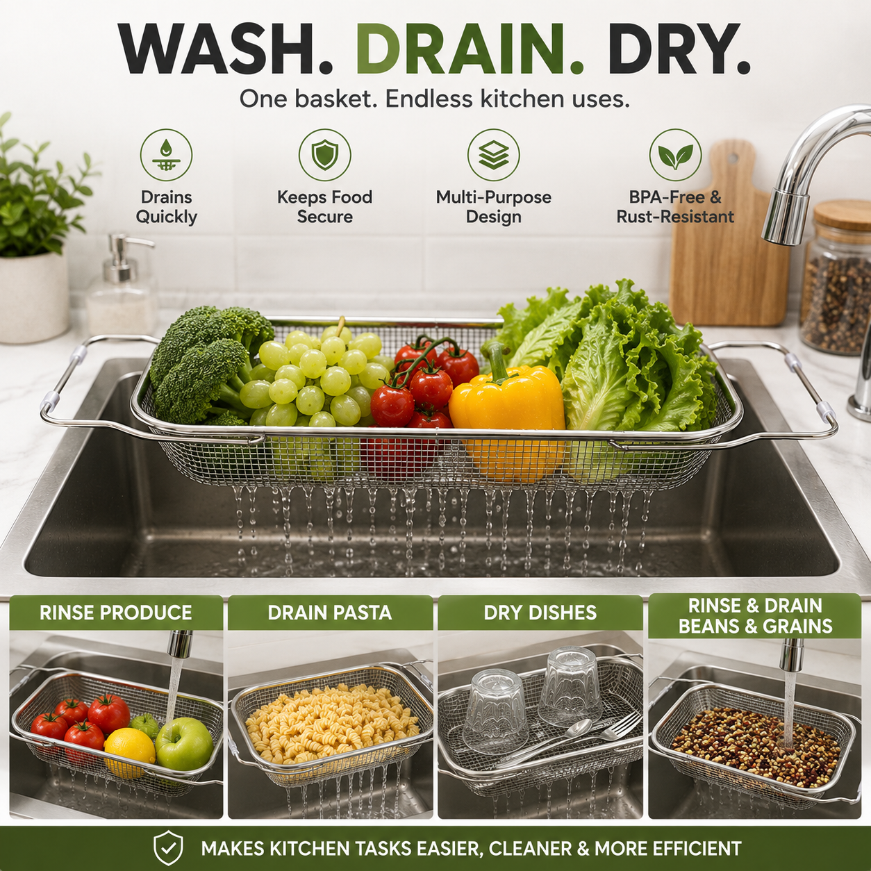 Expandable Over-the-Sink Colander Basket – Wash, Drain & Dry with Ease