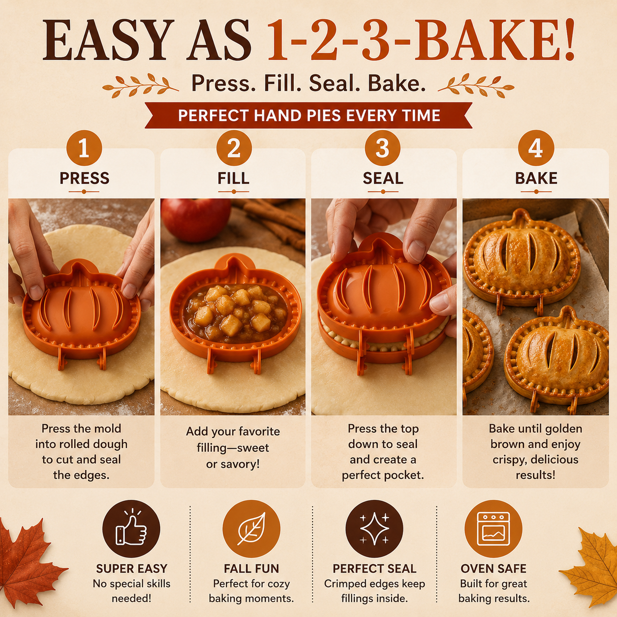 3-Piece Fall Hand Pie Mold Set – Pumpkin, Apple & Acorn