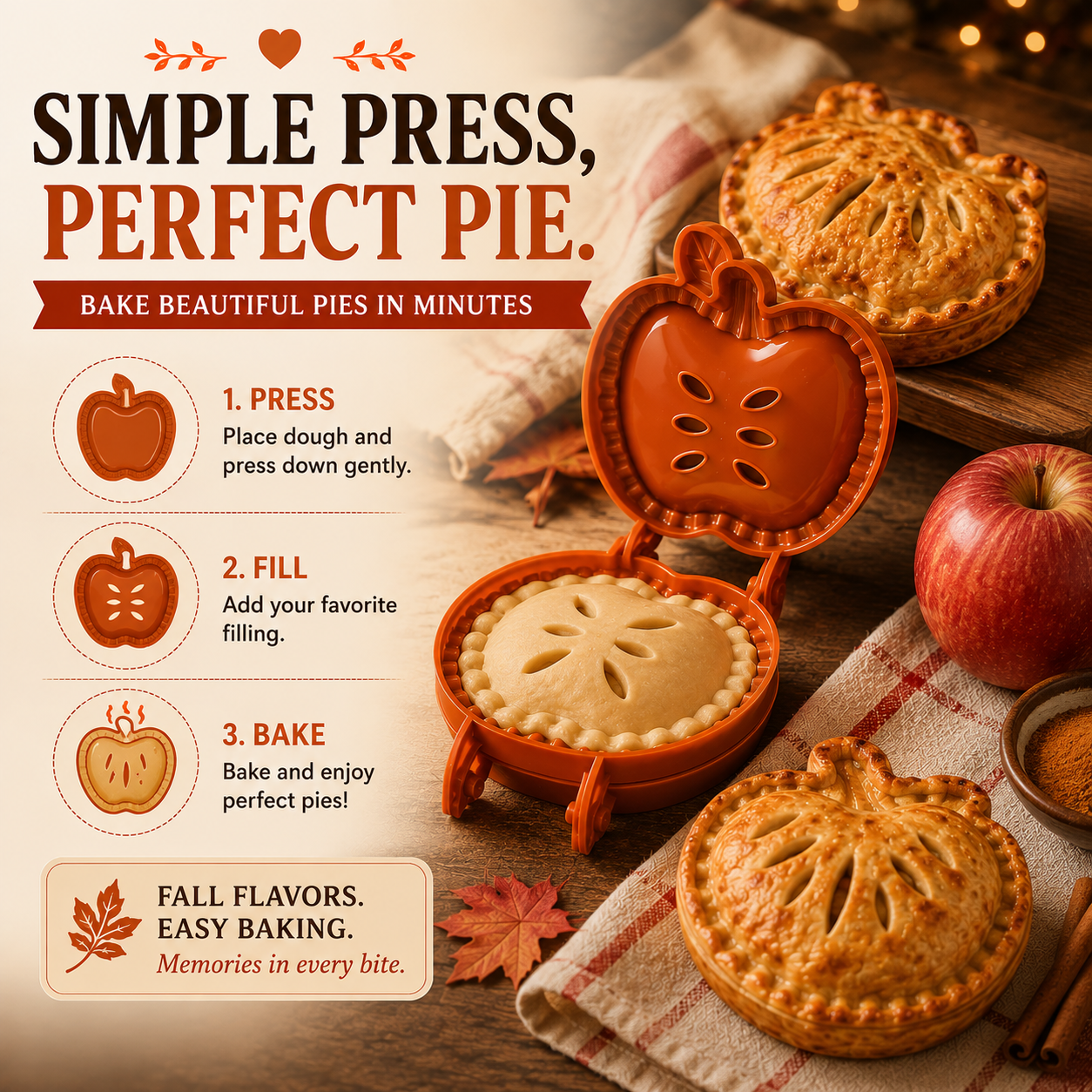 3-Piece Fall Hand Pie Mold Set – Pumpkin, Apple & Acorn