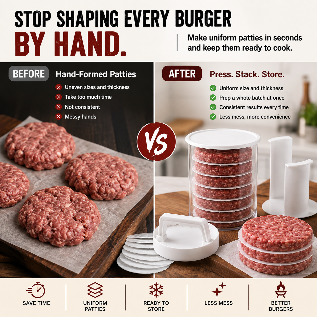 Stackable Burger Patty Maker & Storage Press Set with 8 Separator Discs