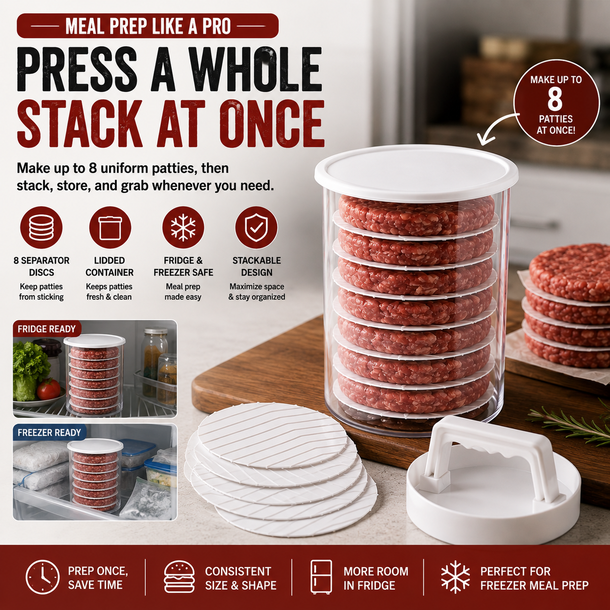 Stackable Burger Patty Maker & Storage Press Set with 8 Separator Discs