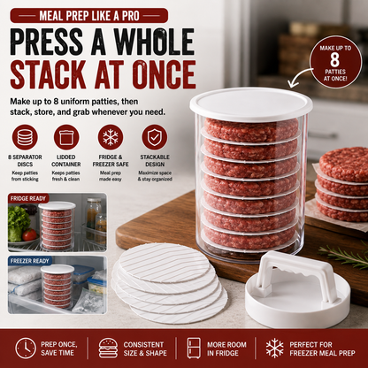 Stackable Burger Patty Maker & Storage Press Set with 8 Separator Discs