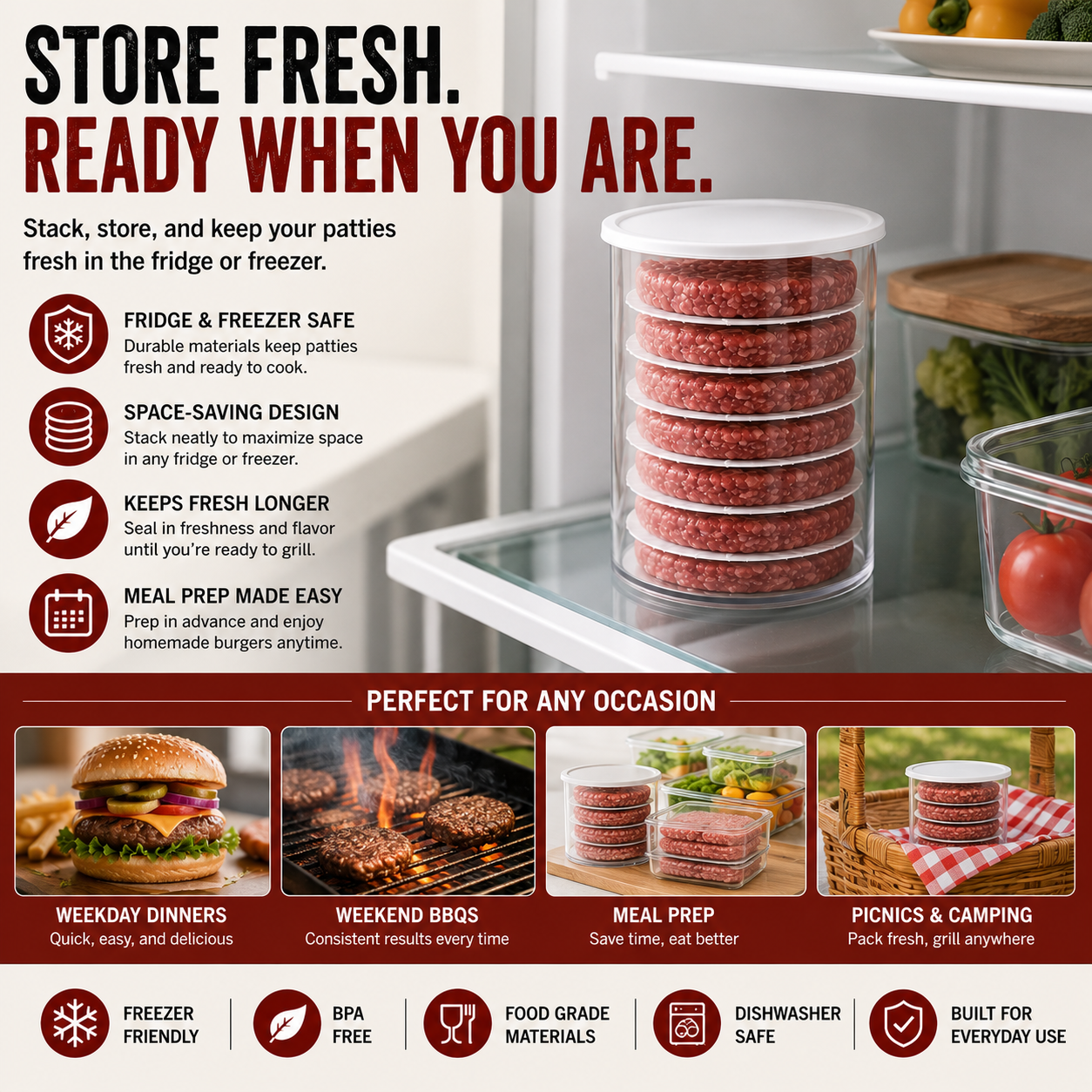 Stackable Burger Patty Maker & Storage Press Set with 8 Separator Discs
