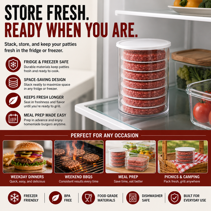 Stackable Burger Patty Maker & Storage Press Set with 8 Separator Discs