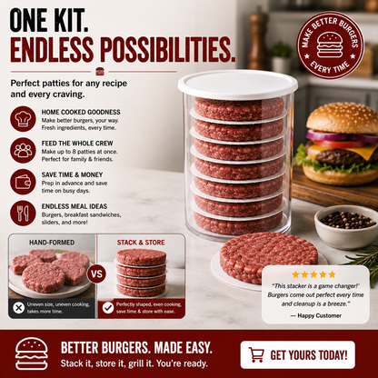 Stackable Burger Patty Maker & Storage Press Set with 8 Separator Discs