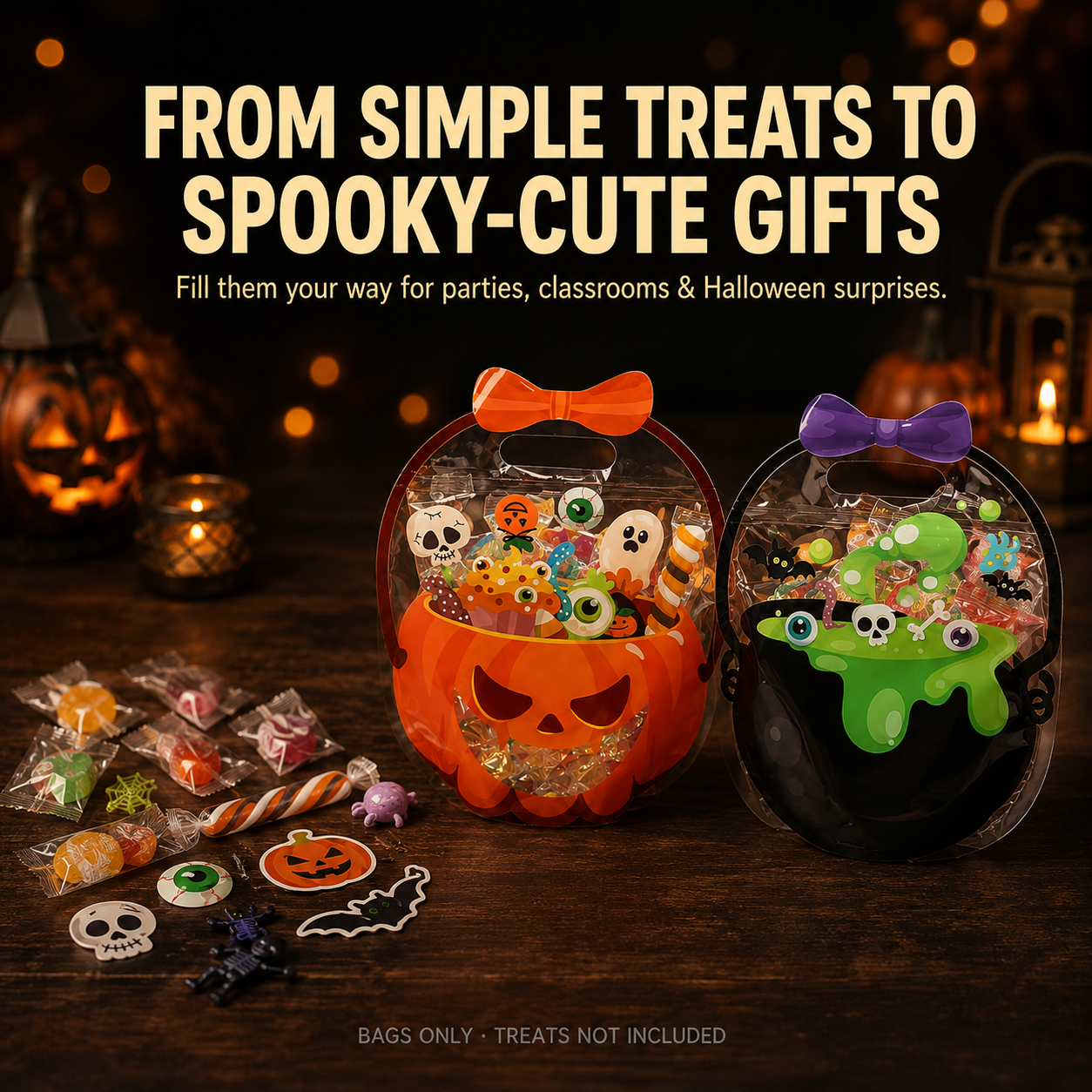 🎃 Halloween Cauldron Treat Bags – Clear Fillable Party Favor Bags