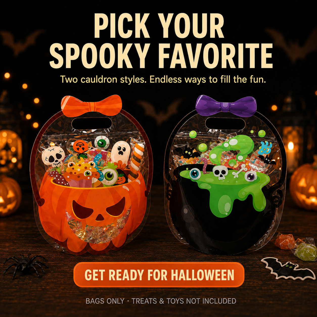🎃 Halloween Cauldron Treat Bags – Clear Fillable Party Favor Bags