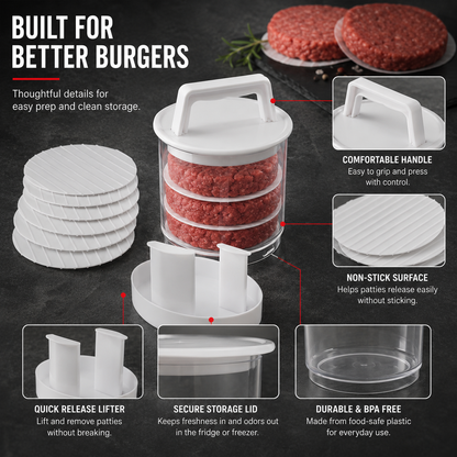 🍔🧊 Stackable Burger Patty Maker & Freezer Storage Container – Shape, Stack & Store Homemade Patties