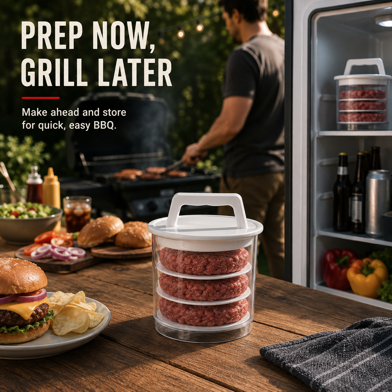 🍔🧊 Stackable Burger Patty Maker & Freezer Storage Container – Shape, Stack & Store Homemade Patties