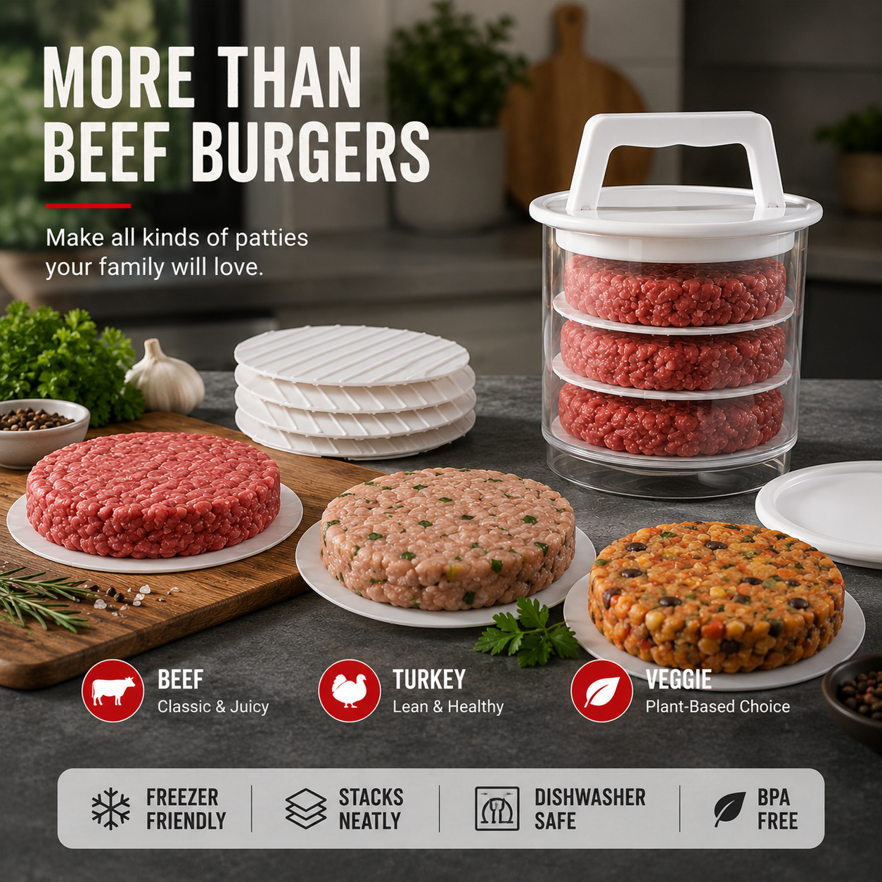 🍔🧊 Stackable Burger Patty Maker & Freezer Storage Container – Shape, Stack & Store Homemade Patties