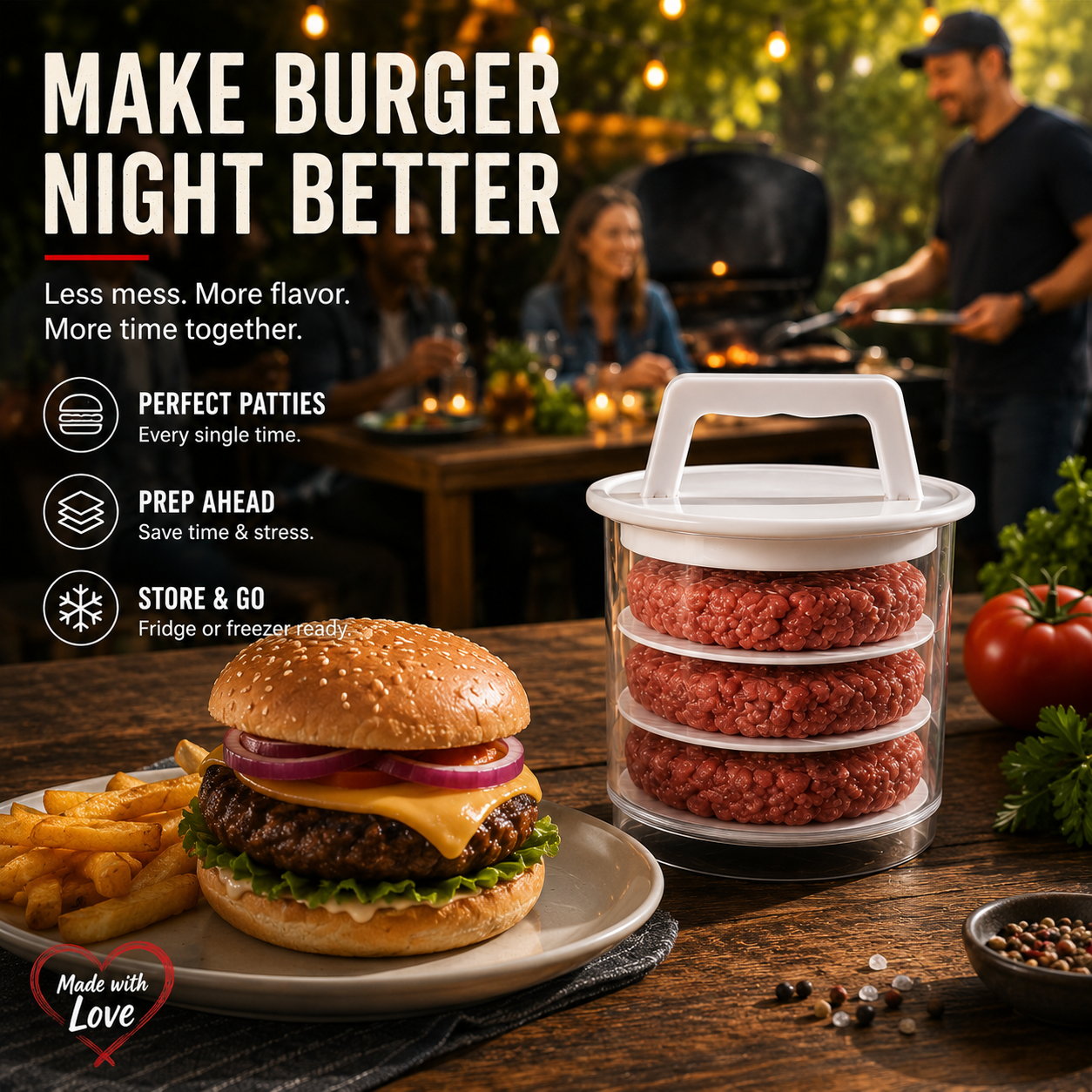 🍔🧊 Stackable Burger Patty Maker & Freezer Storage Container – Shape, Stack & Store Homemade Patties