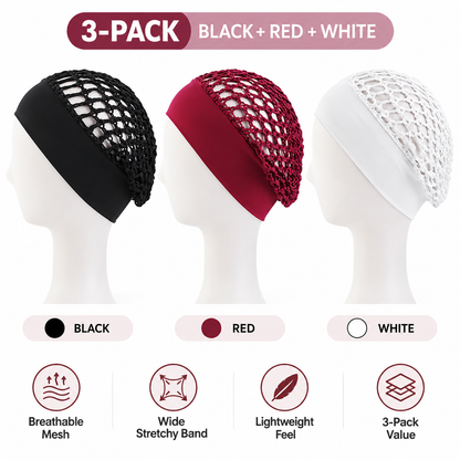 3-Pack Breathable Mesh Sleep Hair Caps – Wide-Band Night Hair Wraps