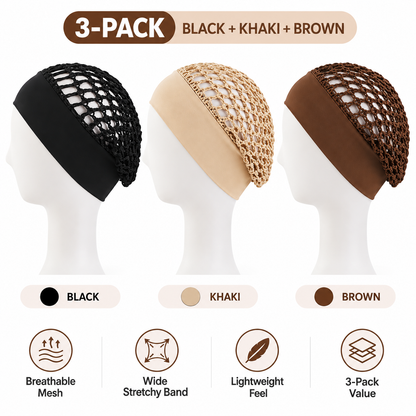 3-Pack Breathable Mesh Sleep Hair Caps – Wide-Band Night Hair Wraps