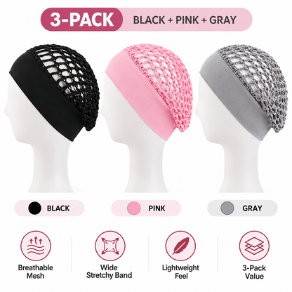 3-Pack Breathable Mesh Sleep Hair Caps – Wide-Band Night Hair Wraps