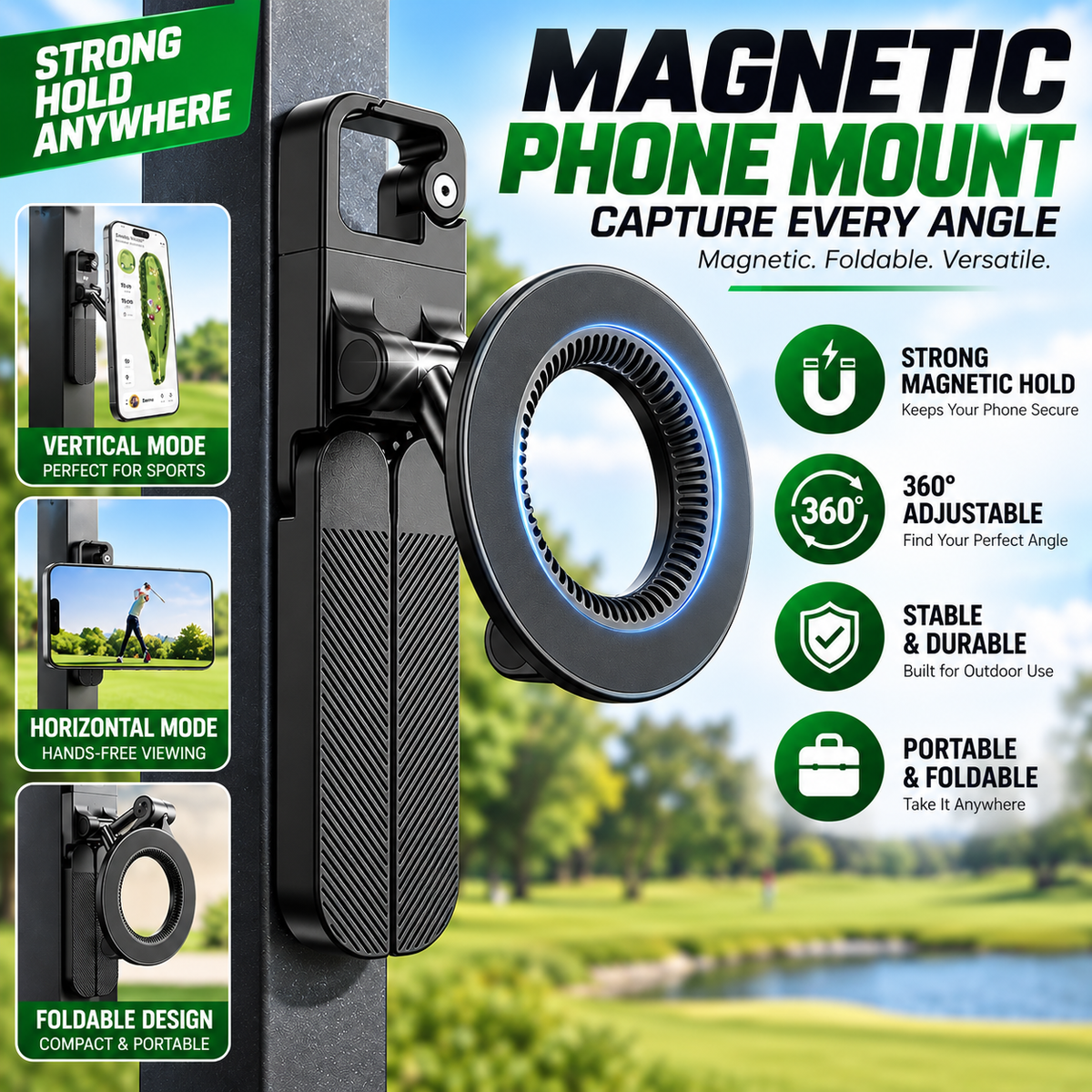 📱 360° Foldable Magnetic Phone Holder – Strong Grip for Golf, Gym & Travel