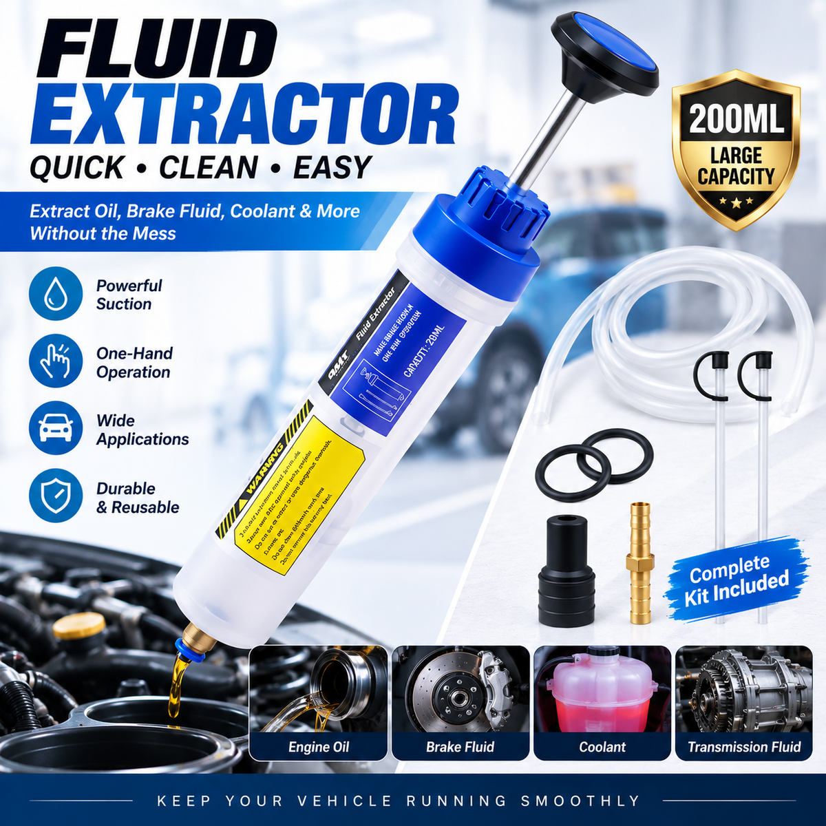 200ML Yellow/Blue Manual Syringe-Style Fluid Extractor & Filler with Hose Caps