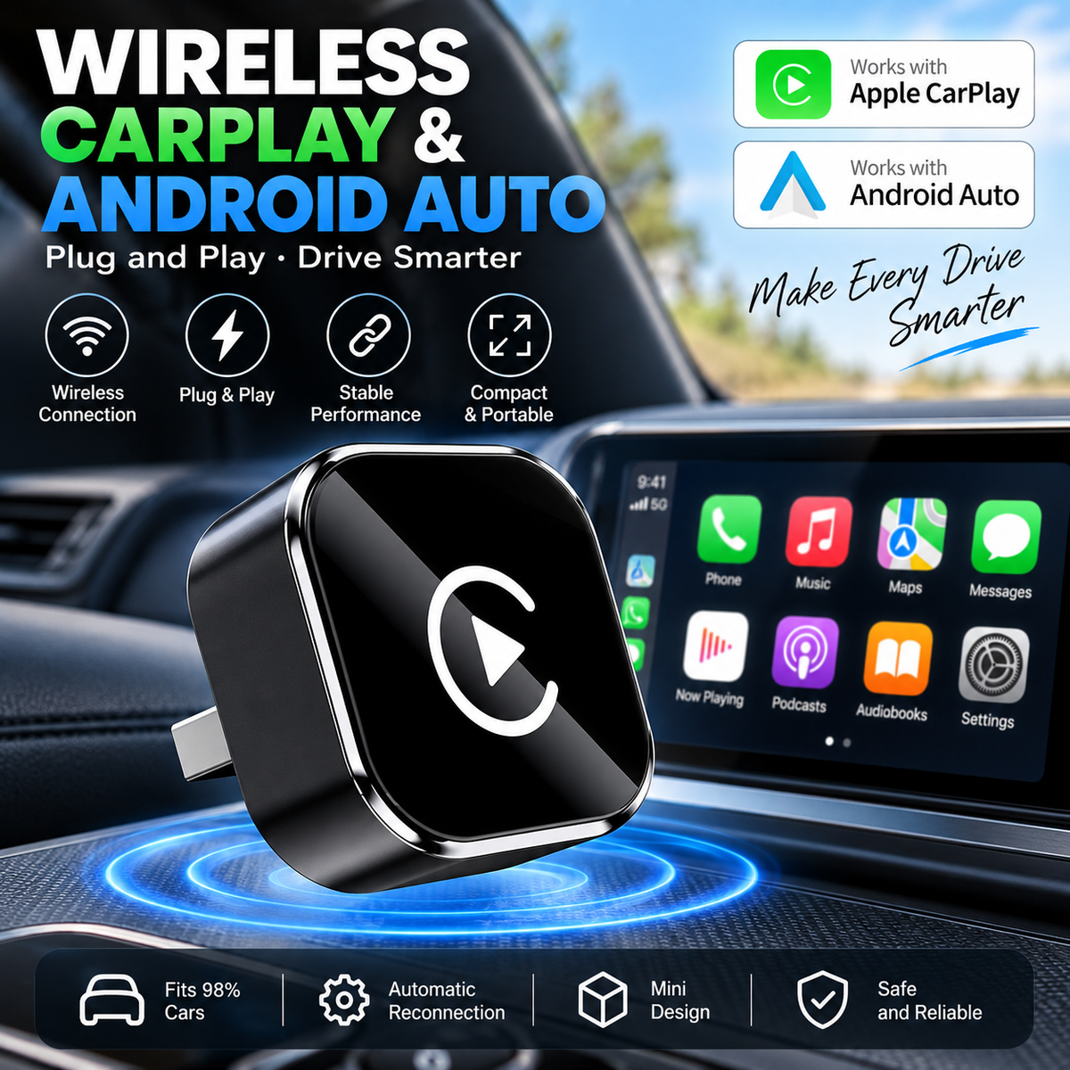 2026 New Wireless CarPlay Adapter - iPhone & Android Compatible with Quick connection
