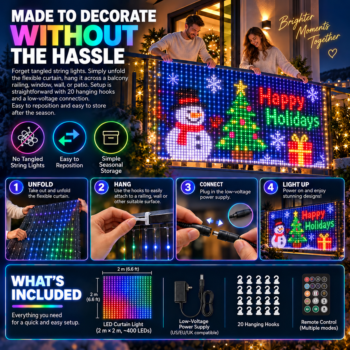 ✨ Turn Your Balcony Into A Giant LED Light Show! 🎄 Smart 400-LED Animated Mesh Screen 🎆📱