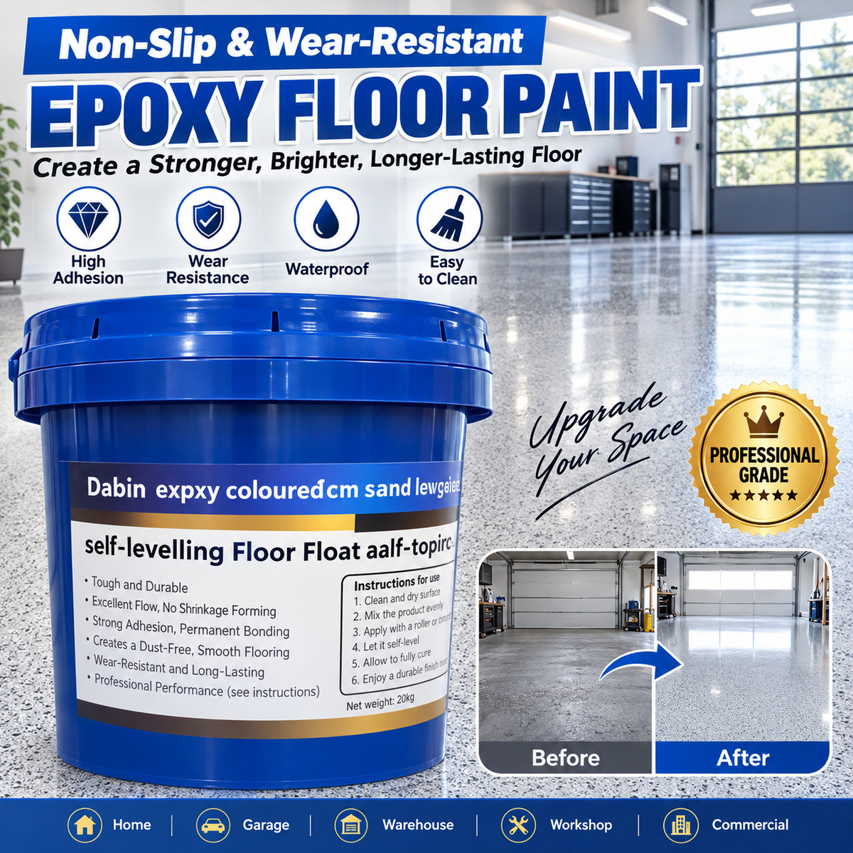 🏚️High-Gloss Self-Leveling Epoxy Floor Coating – Transform Garages, Basements & Workshops