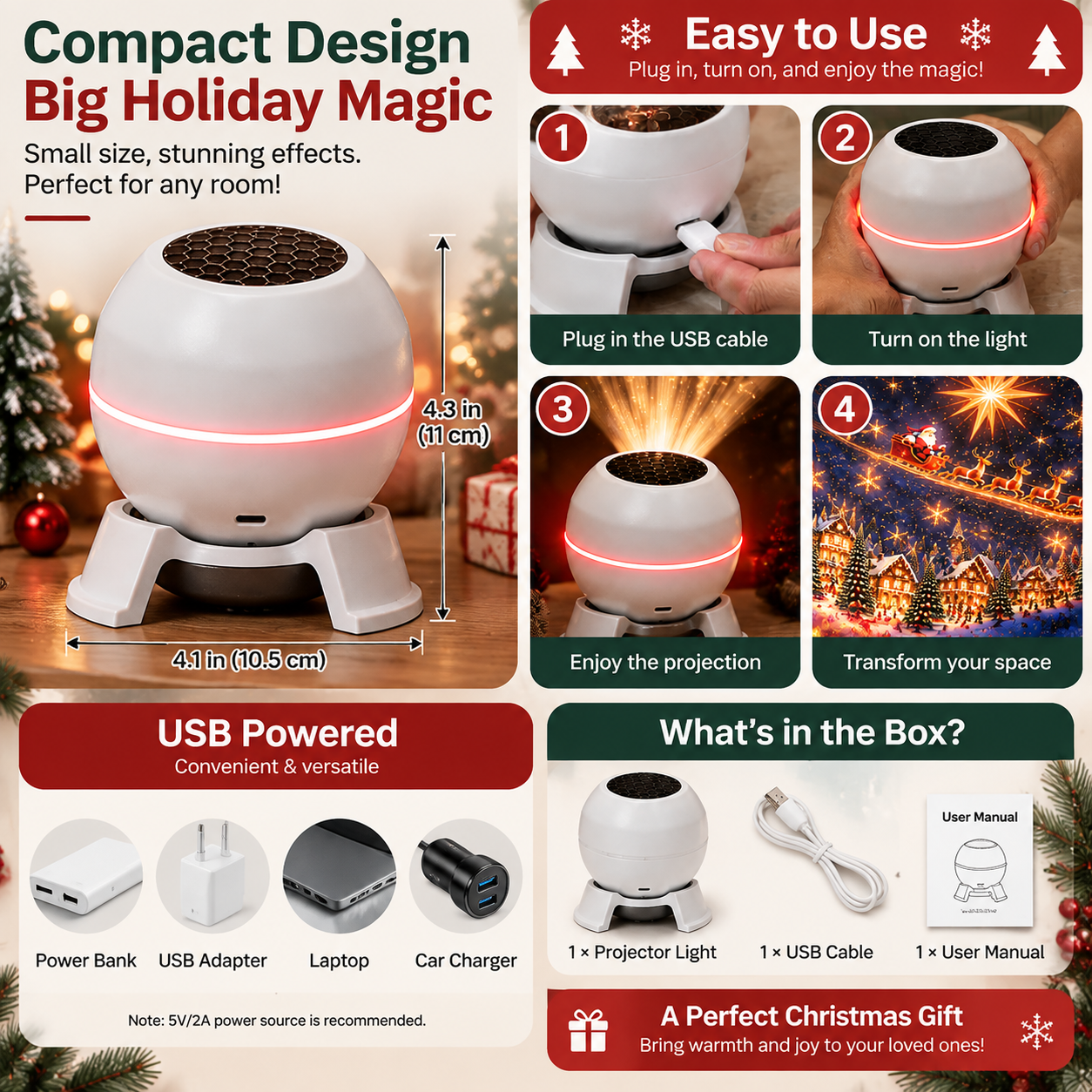 Compact USB powered Christmas projection light size