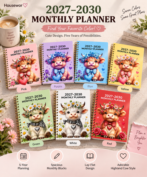 🐮 2026–2030 Monthly Planner ✨ Cute Highland Cow 5-Year Calendar | Large Monthly Blocks for Long-Term Planning