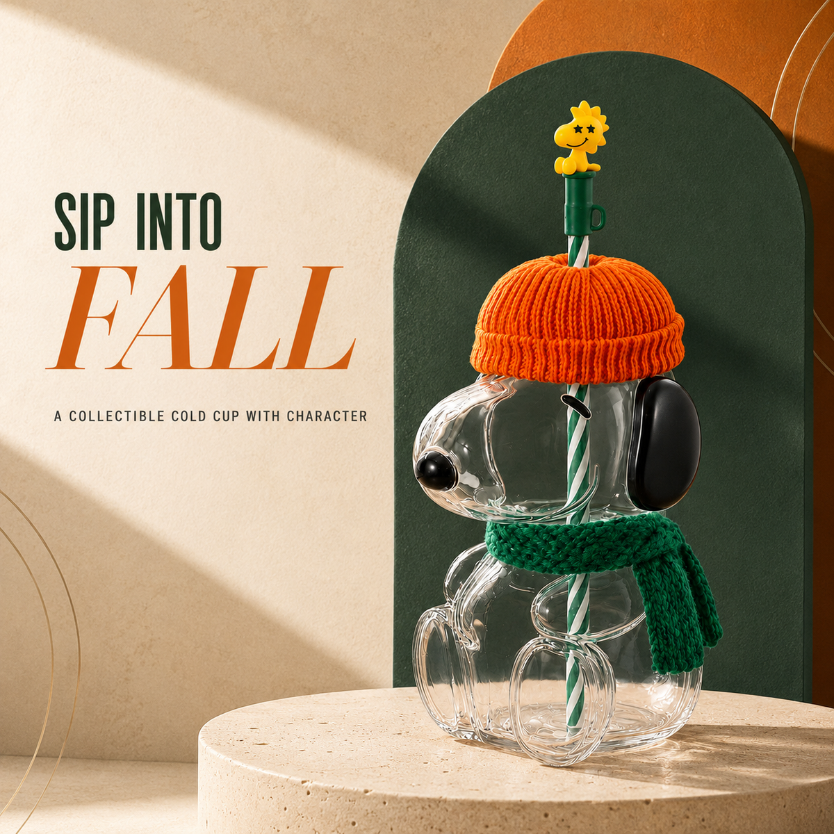 🍂 Cozy Beagle-Shaped Glass Cold Cup with Straw & Cozy Fall Knit Accents