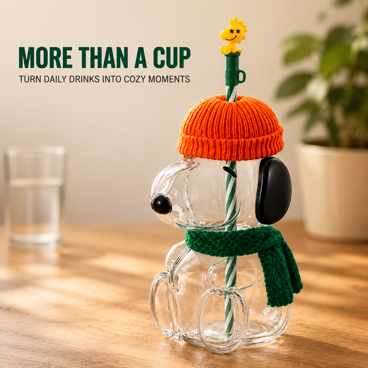 🍂 Cozy Beagle-Shaped Glass Cold Cup with Straw & Cozy Fall Knit Accents