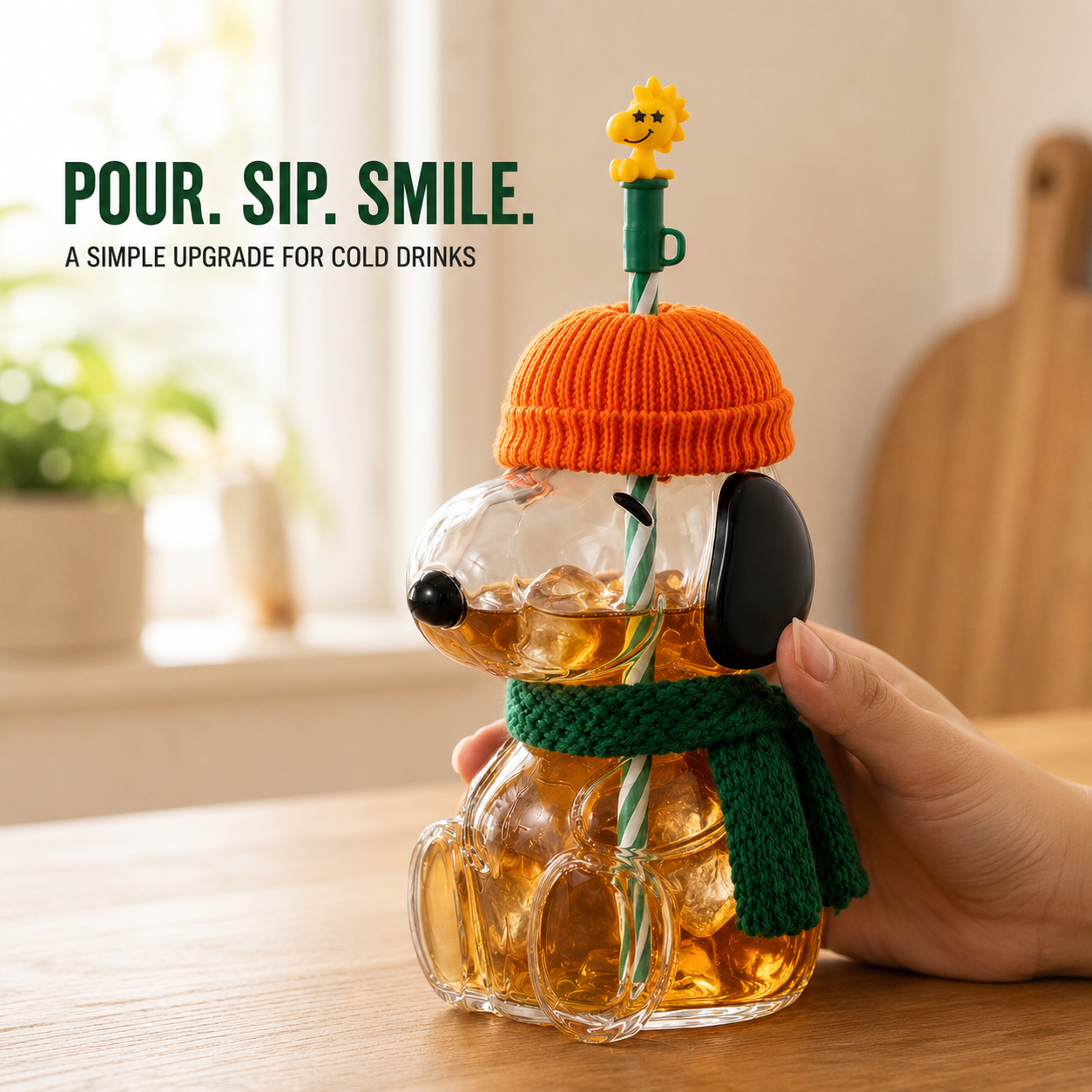 🍂 Cozy Beagle-Shaped Glass Cold Cup with Straw & Cozy Fall Knit Accents