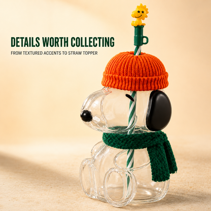 🍂 Cozy Beagle-Shaped Glass Cold Cup with Straw & Cozy Fall Knit Accents