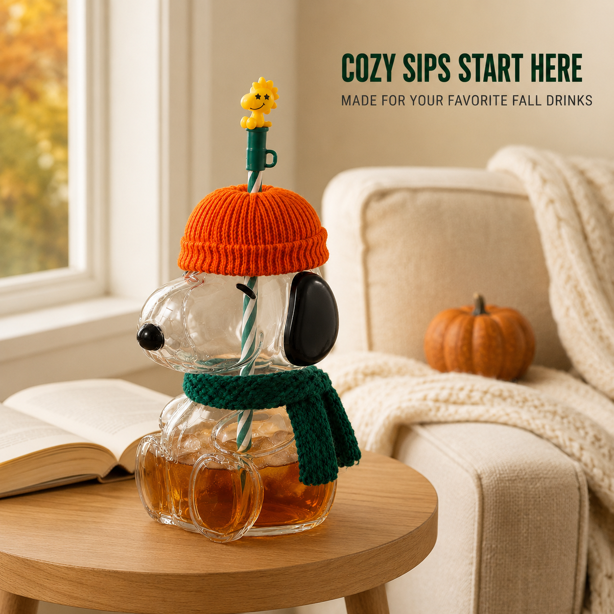 🍂 Cozy Beagle-Shaped Glass Cold Cup with Straw & Cozy Fall Knit Accents