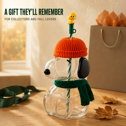 🍂 Cozy Beagle-Shaped Glass Cold Cup with Straw & Cozy Fall Knit Accents