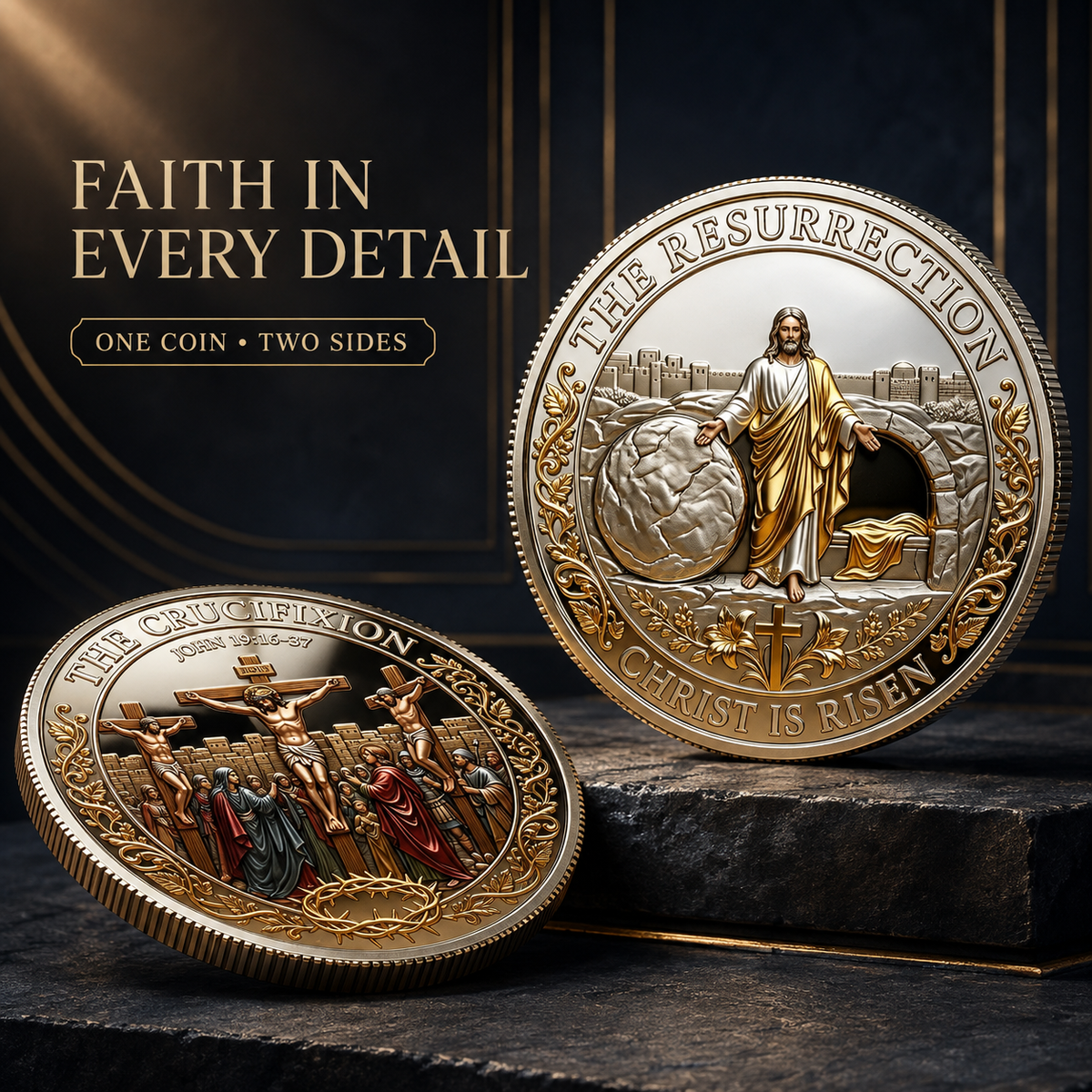 ✝️ 4PC Double-Sided Crucifixion & Resurrection Commemorative Coin – Christian Faith Keepsake & Easter Gift