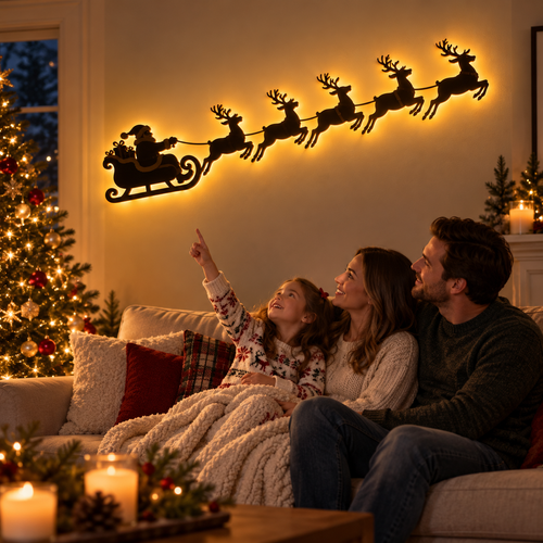 Santa & 6 Reindeer LED Wall Décor – Peel, Press & Glow