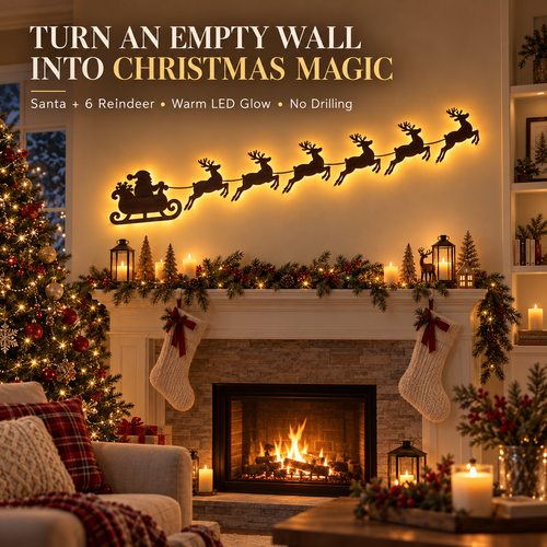 🦌✨Santa & 6 Reindeer LED Wall Décor – Peel, Press & Glow