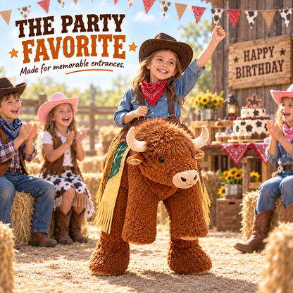 🤠 Kids Plush Ride-On Bison Costume – 3D Cowboy Halloween & Party Dress-Up