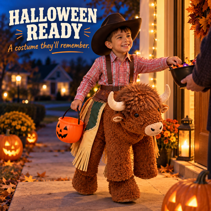 🤠 Kids Plush Ride-On Bison Costume – 3D Cowboy Halloween & Party Dress-Up