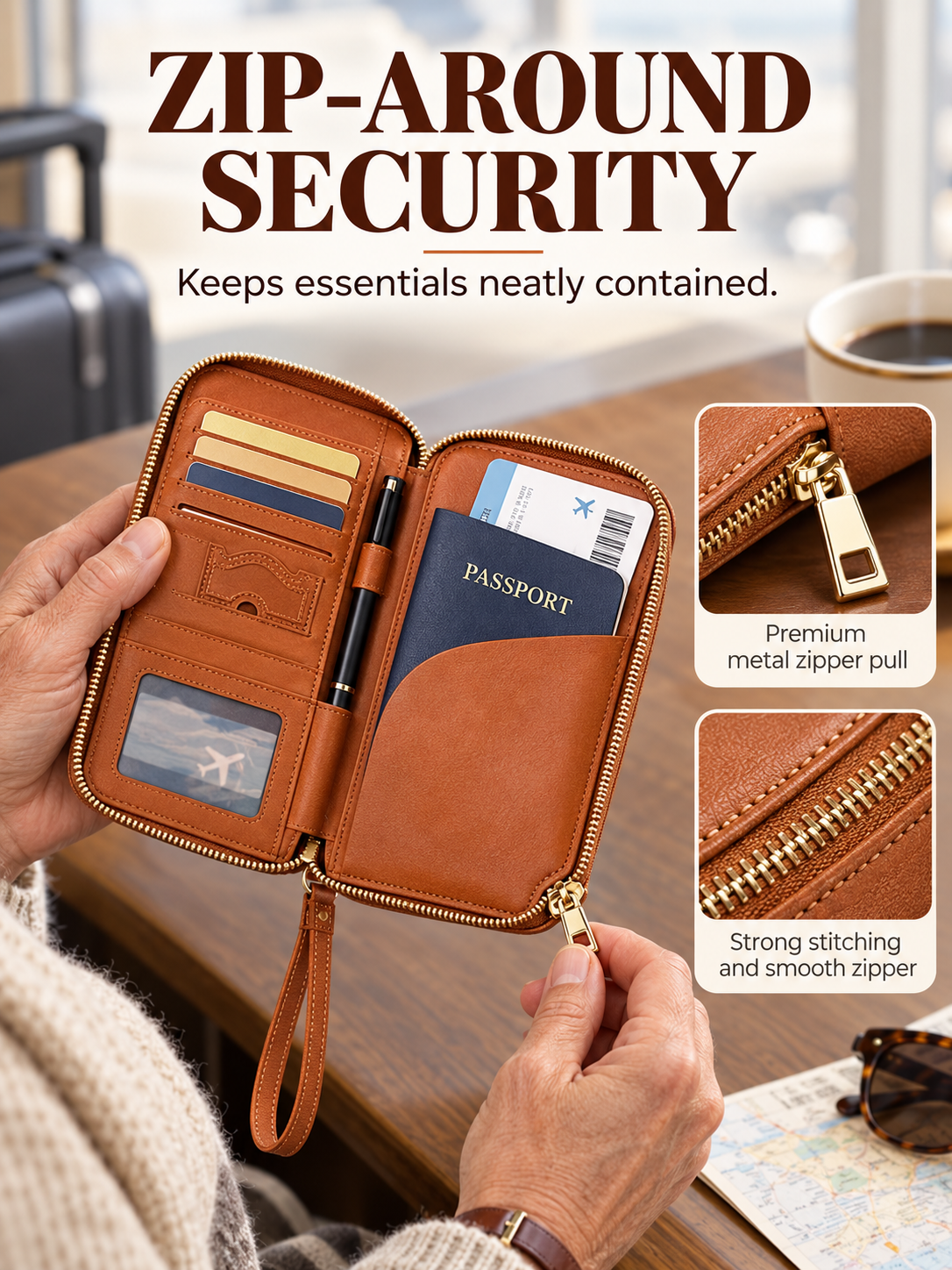 Open brown passport organizer showing passport compartment ID window card slots pen and boarding pass