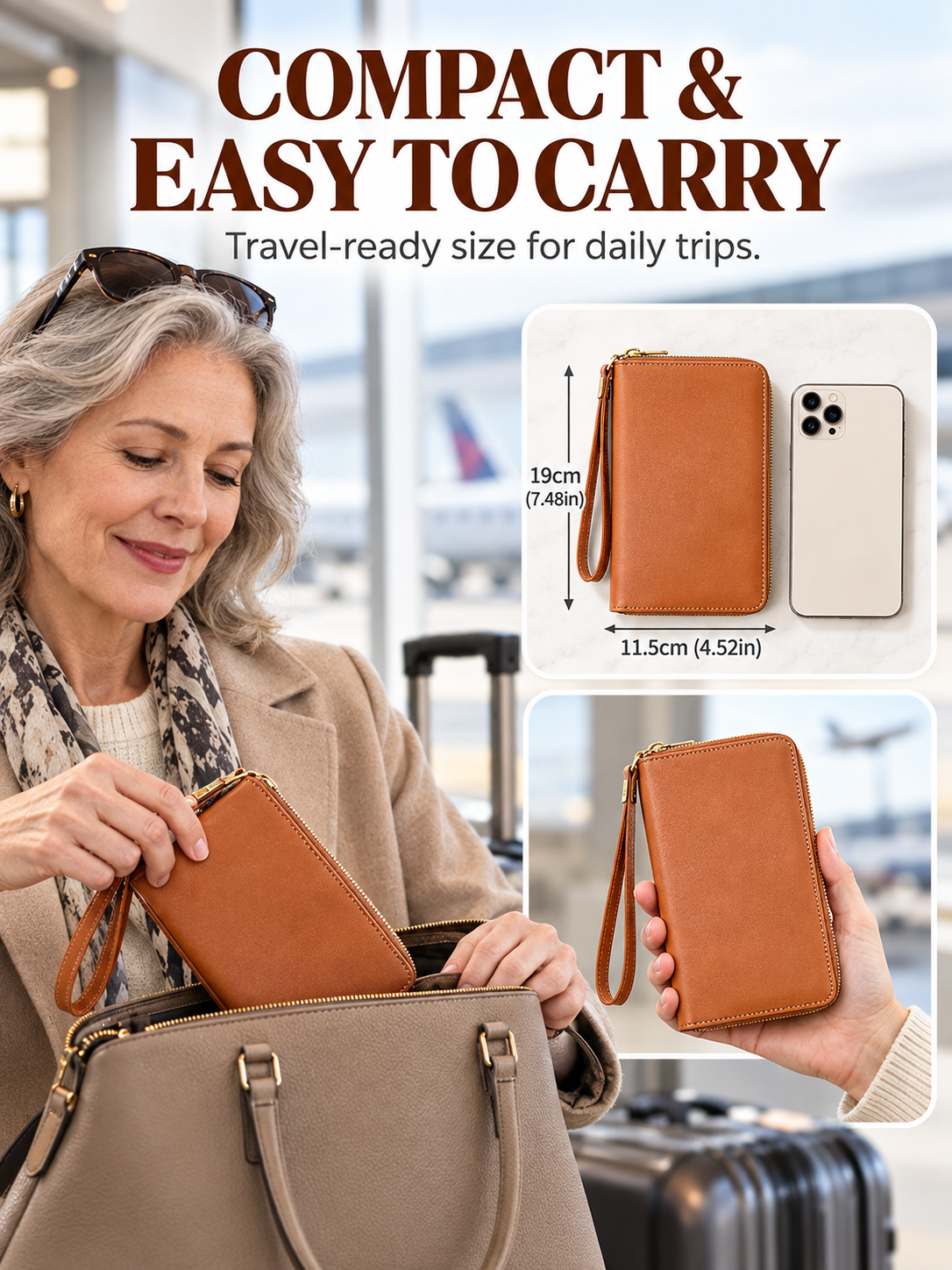 Hands opening the passport wallet to show the sturdy zipper and interior compartments