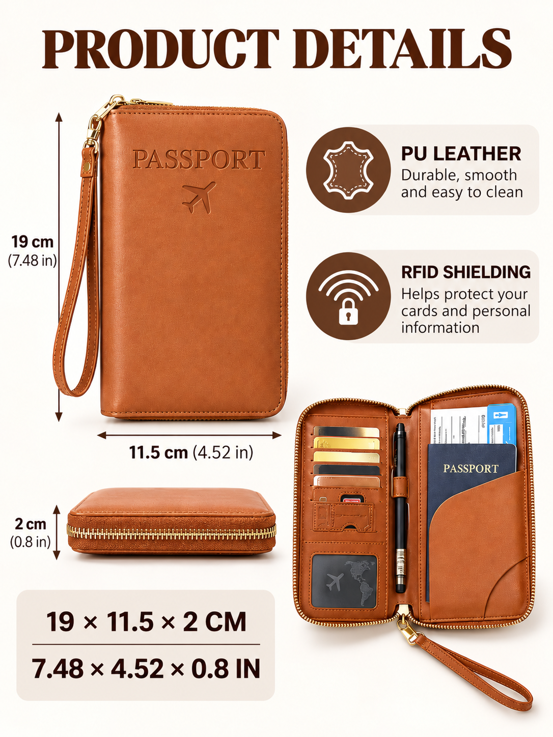 Passport travel wallet product details showing PU leather RFID and size measurements
