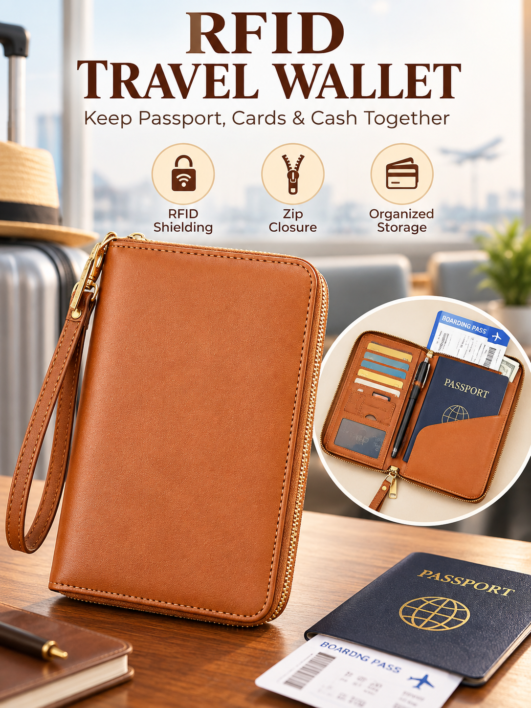 Brown zip-around passport wallet shown with passport cards and boarding pass